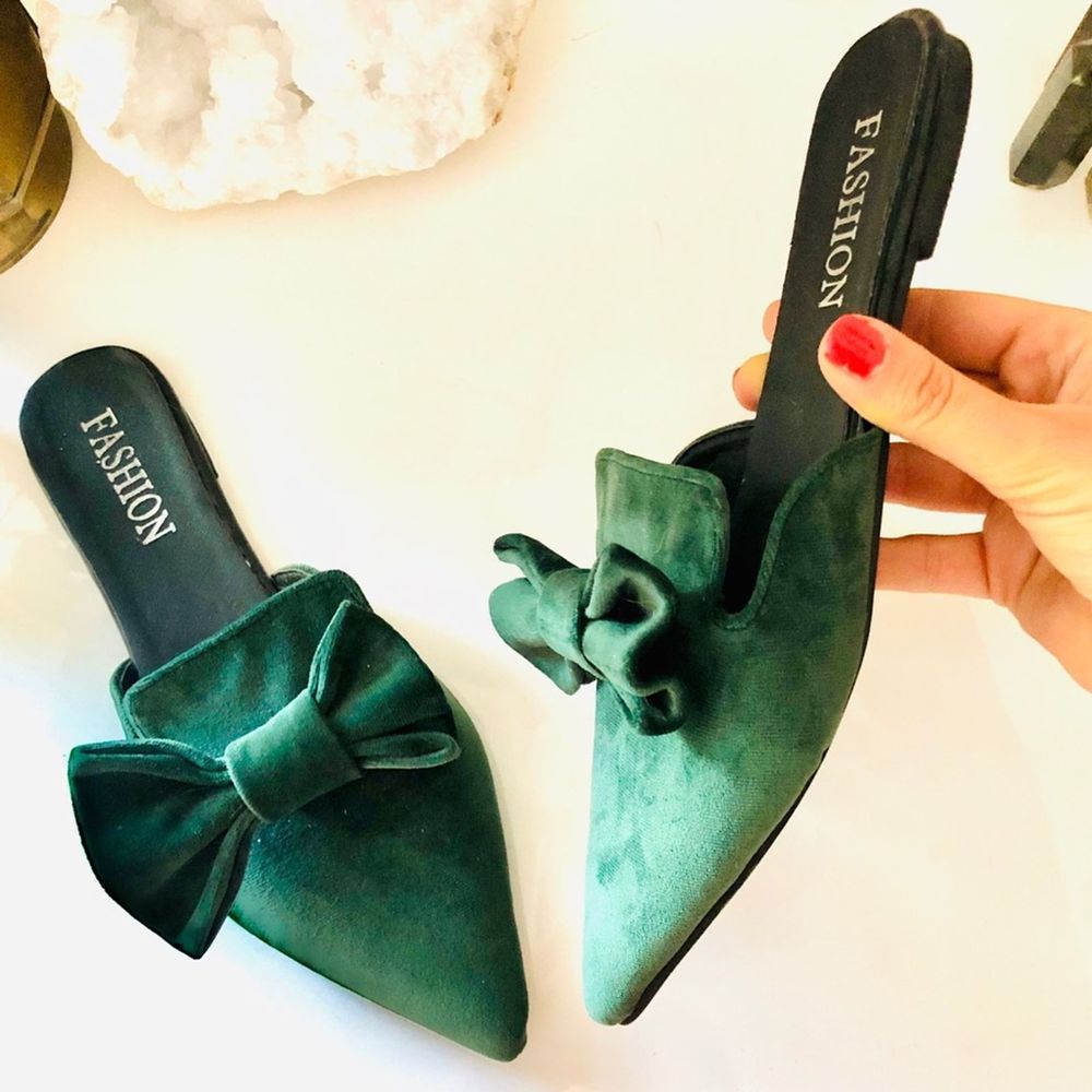 FASHION Emerald Green Velvet Bow Mule Flats Slides - Picture 5 of 9